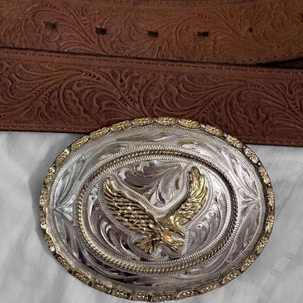Vintage Justin Leather Belt with R-Strike Eagle Buckle (4”) Western Cowboy